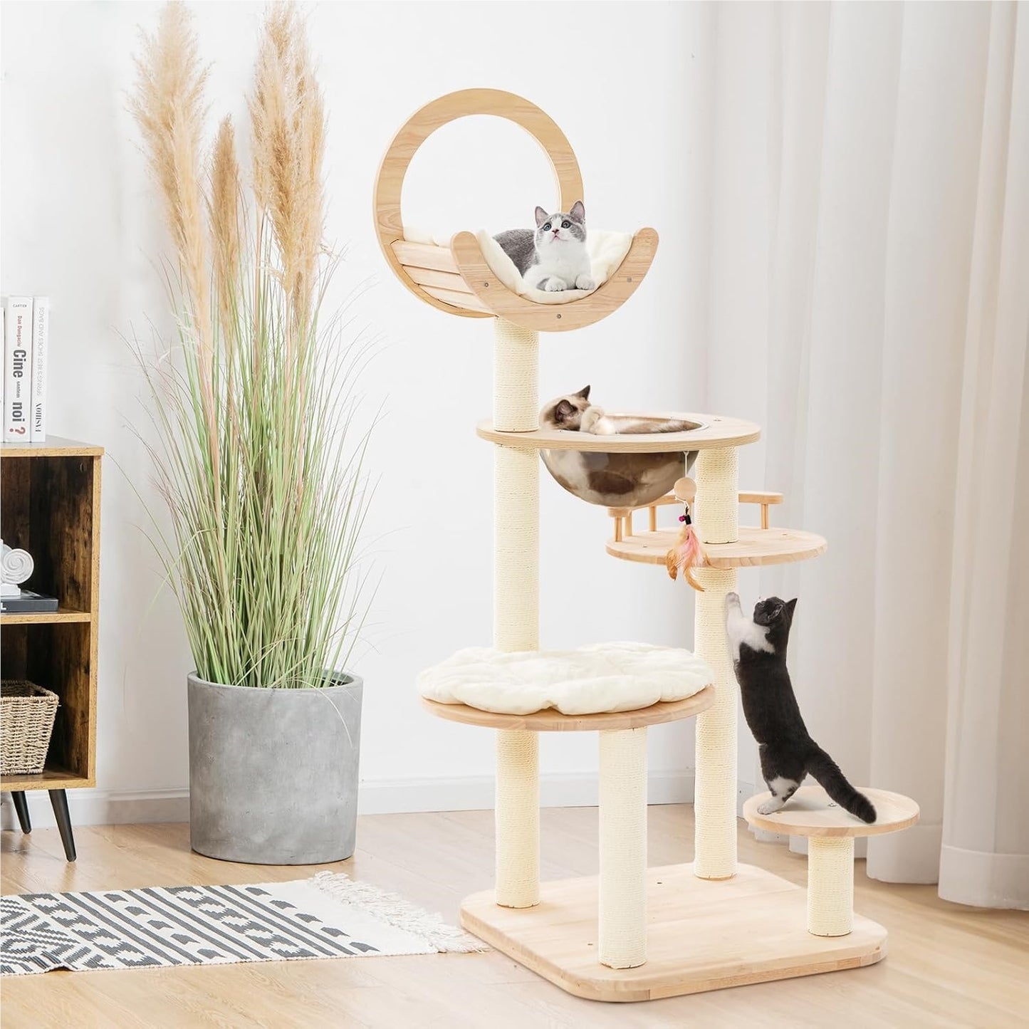 Kattenboom – Kattentoren – Krabpaal – Klimeiland – Kattenmeubel – 4-in-1 Houten Design – Capsule Nest Beige – Stevig Sisal – Comfortabele Pluche Platforms