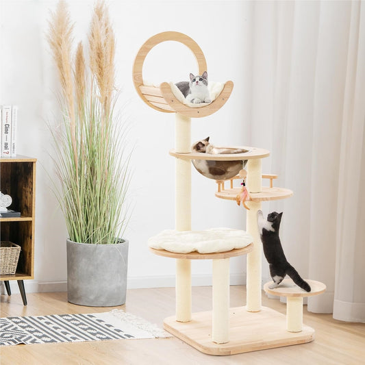 Kattenboom – Kattentoren – Krabpaal – Klimeiland – Kattenmeubel – 4-in-1 Houten Design – Capsule Nest Beige – Stevig Sisal – Comfortabele Pluche Platforms