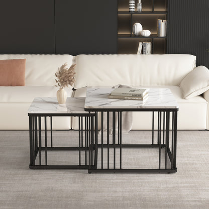 Salontafelset – Woonkamertafel – Bijzettafel – Tafeltje – Salontafels – Wit Marmerlook – Hoogglans MDF – Verstelbare Pootjes – Draagvermogen 30 kg