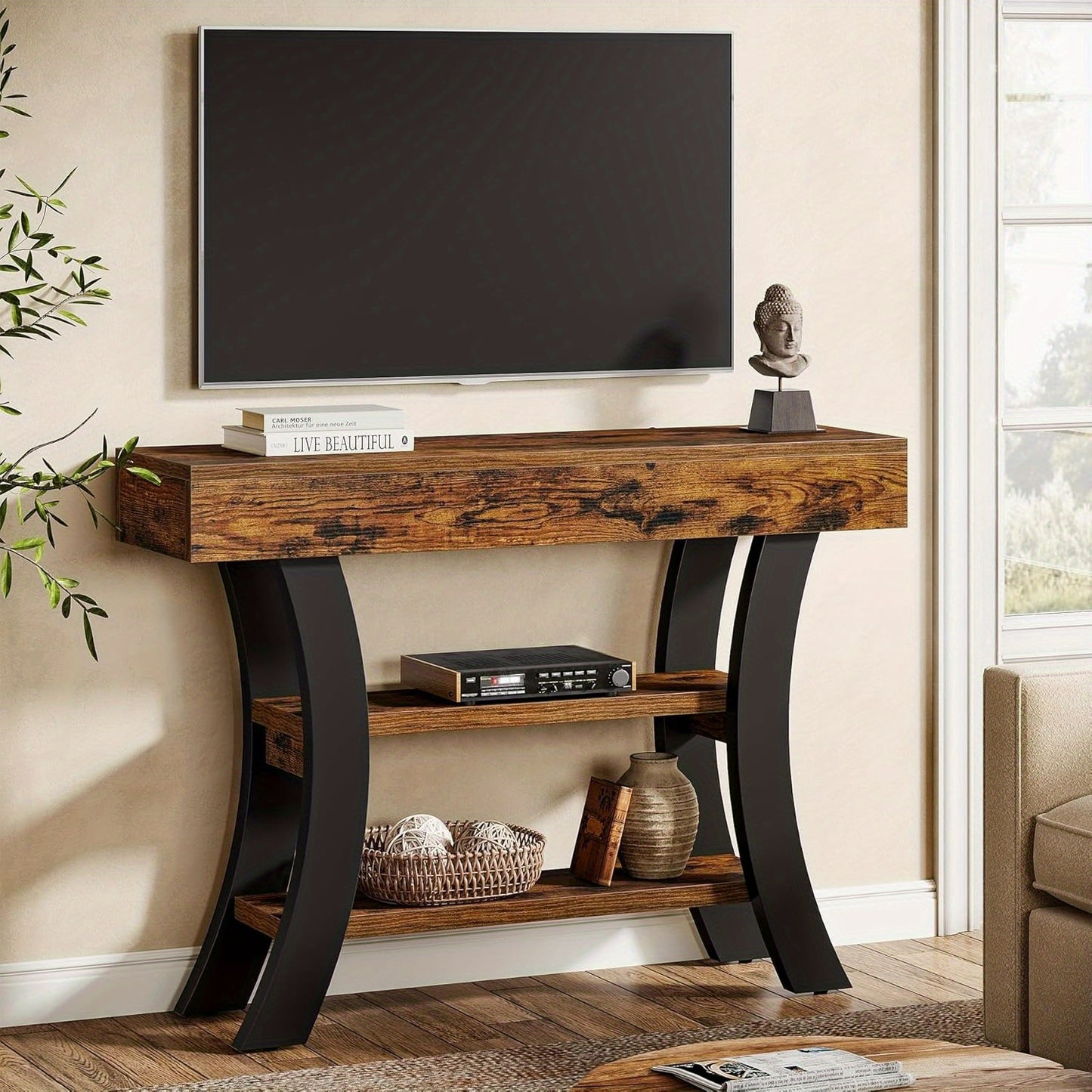 Sidetable – Haltafel – Sofa Tafel – Console Tafel – Wandtafel – 104 cm – 3 Opbergplanken – Rustic Brown – Gebogen Frame