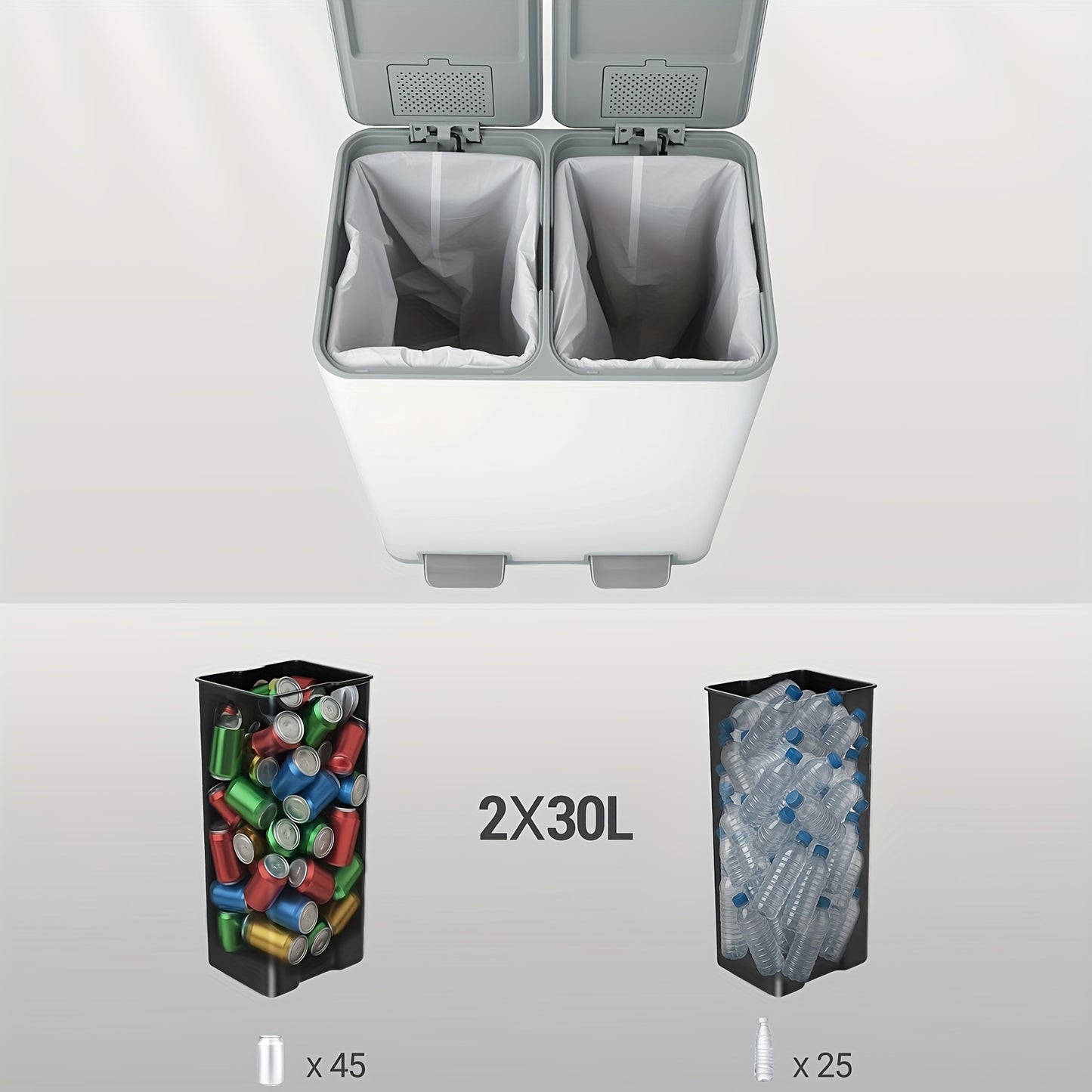 Keukenafvalemmer – Afvalbak – Prullenbak – Vuilnisbak – Afvalcontainer – Dubbel Compartiment 2x30L – Roestvrij Staal – Pedaalbediening – Geruisloze Sluiting – Inclusief 15 Afvalzakken