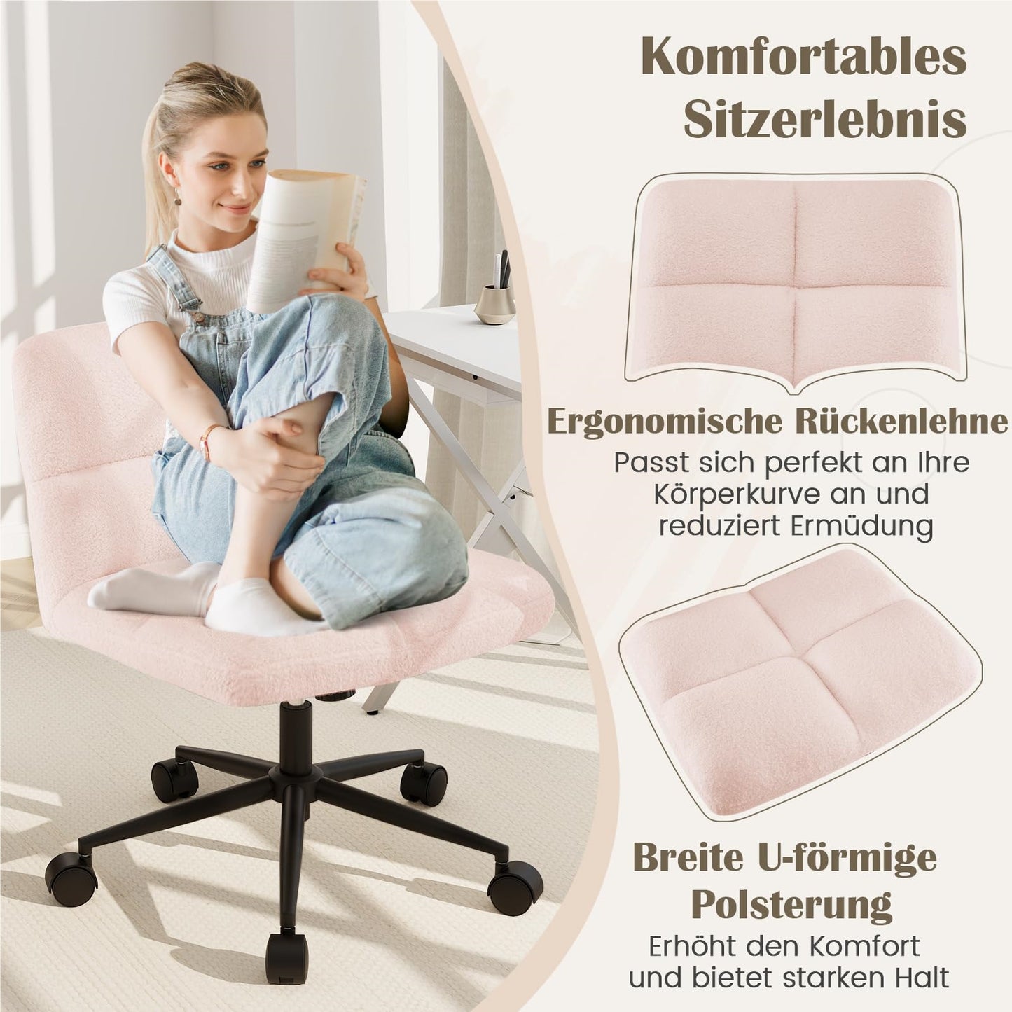 Bureaustoel – Draaistoel – Kantoorstoel – Make-up Stoel – Bureaustoelen Zonder Armleuningen – Hoogteverstelbaar – Kantelfunctie – Breed Zitvlak – Roze