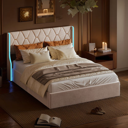 Gestoffeerd Tweepersoonsbed – Bedframe – Slaapbed – Opbergbed – Veloursbed – 160x200 cm – Met LED-Verlichting – Met Dubbele Opbergruimte