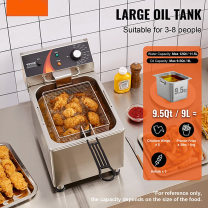 Elektrische Friteuse – Friteuse Elektrisch – Snackfriteuse – Diepfriteuse – 9 Liter Capaciteit – 3100W Vermogen – RVS Behuizing – Instelbare Temperatuur 80-200°C