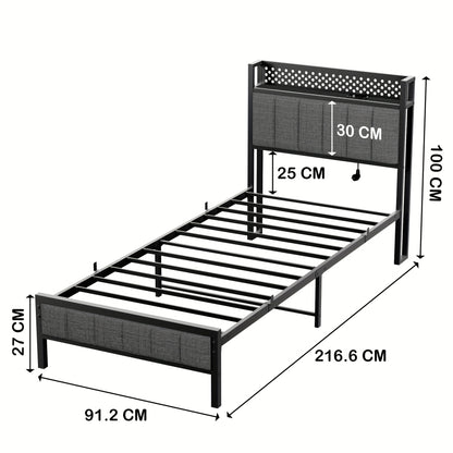 Metal Bed Frame 140 X 200cm, 90 X 200cm, Upholstered Bed Frame with Height Headboard Fabric Bed with Slatted Frame Stable Bed Frame Padded Bed, No Box Spring Required, Metal Bed, Guest Bed, Double Bed Made Of Metal, Easy Asse