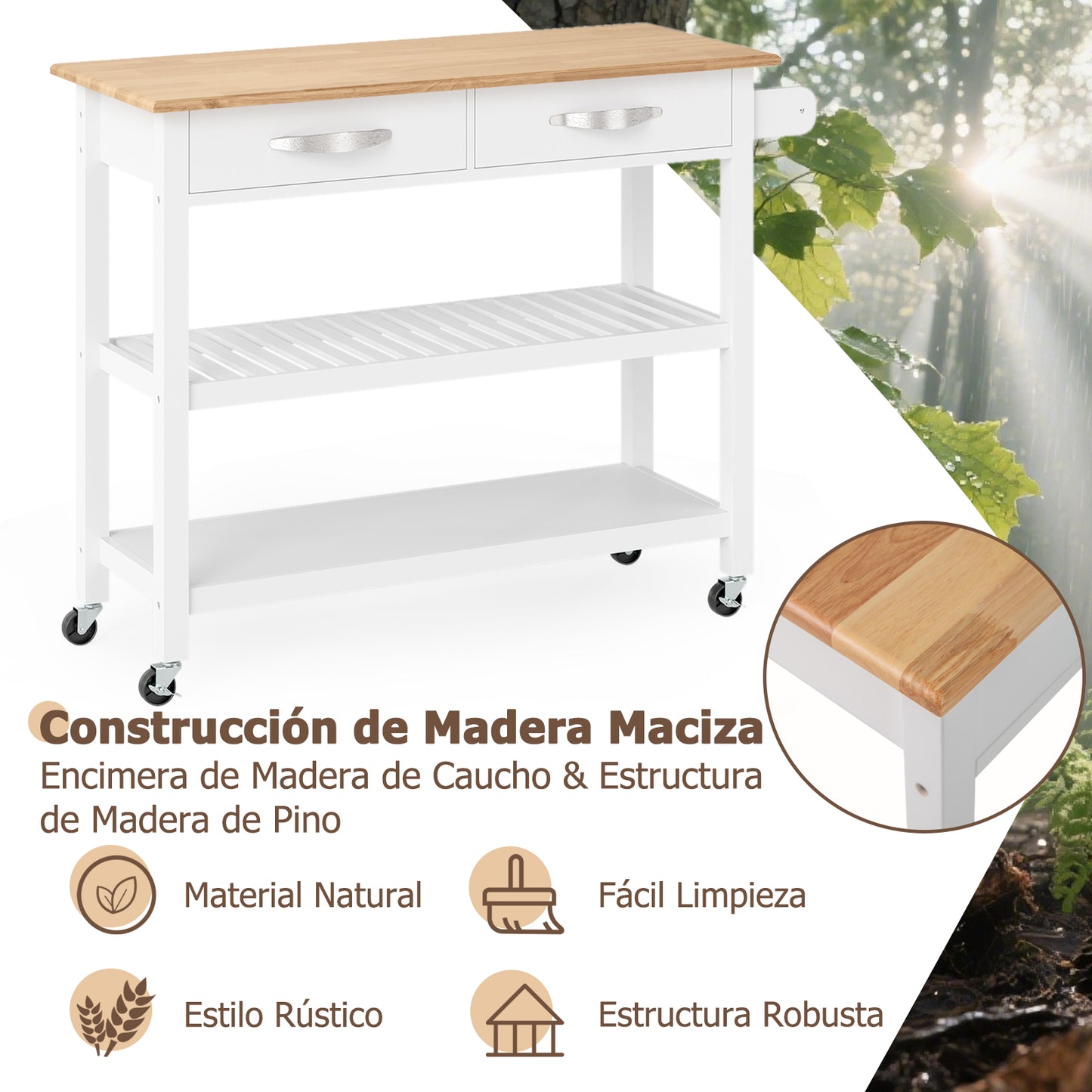 Keukenwagen – Keukenkar – Serviewagen – Werktafel – Trolley – Rollende Opbergruimte – Rubberwood Werkblad – 2 Lades en 2 Open Planken – Wieltjes met Remmen – Stevige Houten Constructie – Wit