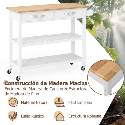 Keukenwagen – Keukenkar – Serviewagen – Werktafel – Trolley – Rollende Opbergruimte – Rubberwood Werkblad – 2 Lades en 2 Open Planken – Wieltjes met Remmen – Stevige Houten Constructie – Wit