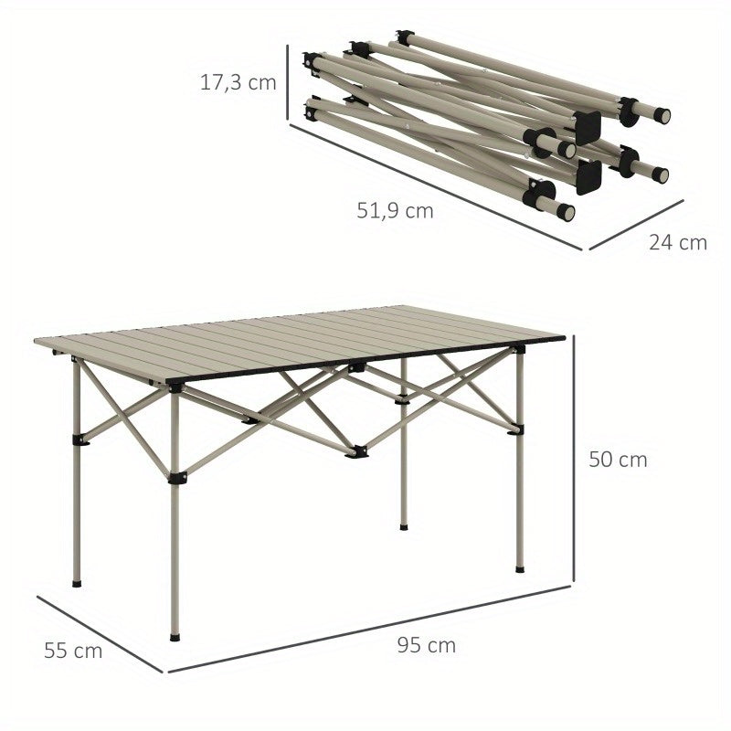 Verstelbare Klaptafel – Campingtafel – Picknicktafel – Tuintafel – Opvouwbare Tafel – Lichtgewicht Aluminium Frame – Roll-Up Tafelblad – Compact Voor 2 Personen – Stevig X-onderstel – Met Opbergbodem – Vintage Khaki 95x55 cm