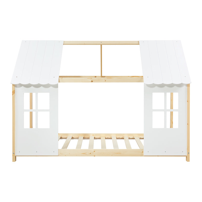Kinderbed – Kinderbedden – Eenpersoonsbed – Huisbed – Stapelbed – Semi-open Dak – Massief Grenenhout – 140x200 cm Mintgroen/Wit
