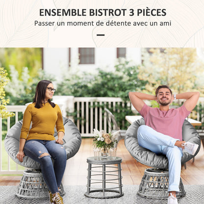 Tuinset – Tuinmeubelset – Loungeset – Balkonset – Tuinmeubelen – 2 Draaibare Papasan Fauteuils – 1 Ronde Bijzettafel – UV Bestendig Rattan Effect – 360° Draaibare Stoelen met Dikke Kussens