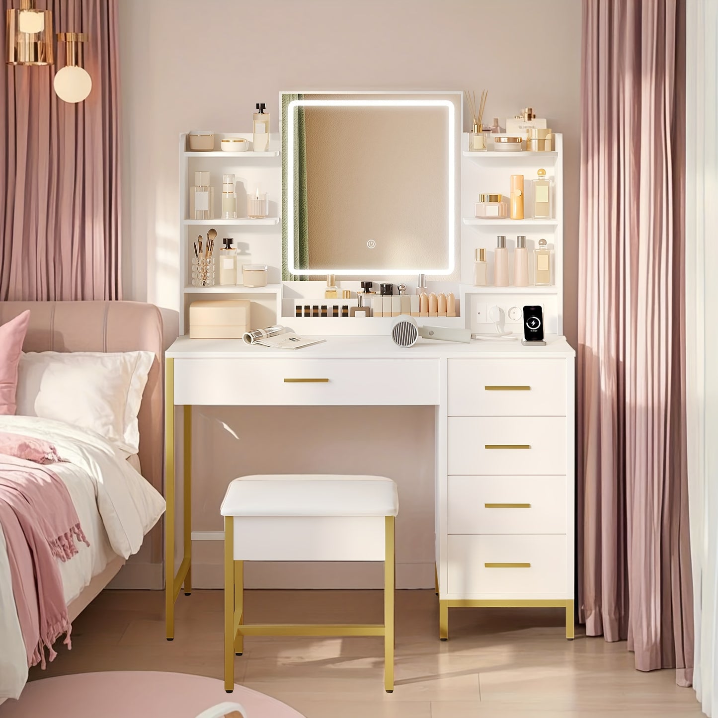 Make-uptafel – Kaptafel – Vanity – Sieradekast – Make-upmeubel – Wit Gouden – Verstelbare LED-verlichting – Groot HD-spiegeloppervlak