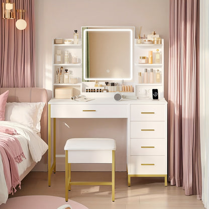 Make-uptafel – Kaptafel – Vanity – Sieradekast – Make-upmeubel – Wit Gouden – Verstelbare LED-verlichting – Groot HD-spiegeloppervlak