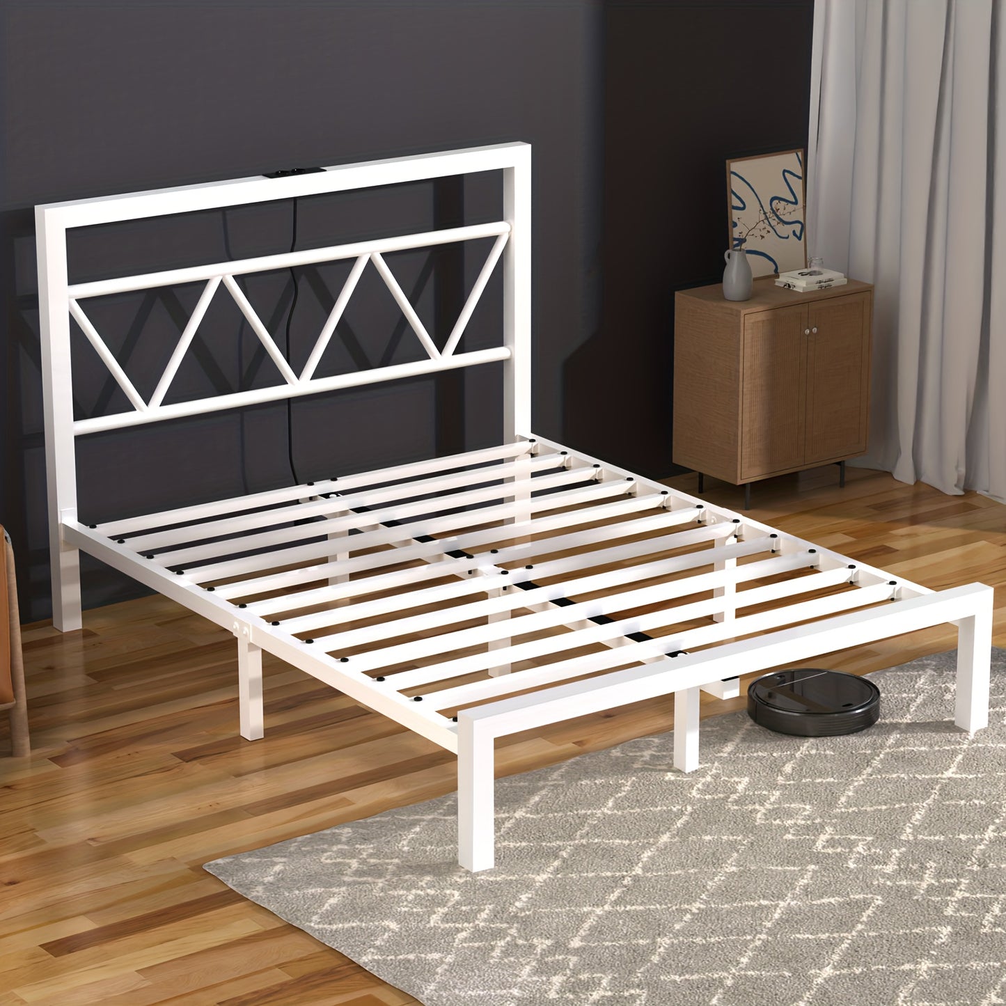 140x200 cm Eenpersoonsbed Frame met Oplaadstation – Metalen Platformbed met Hoofdeinde – Wit, Modern en Minimalistisch