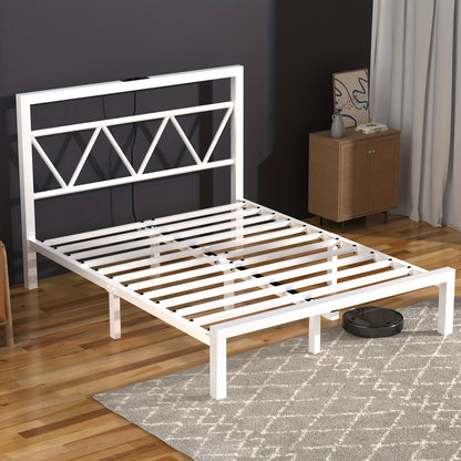 140x200 cm Eenpersoonsbed Frame met Oplaadstation – Metalen Platformbed met Hoofdeinde – Wit, Modern en Minimalistisch