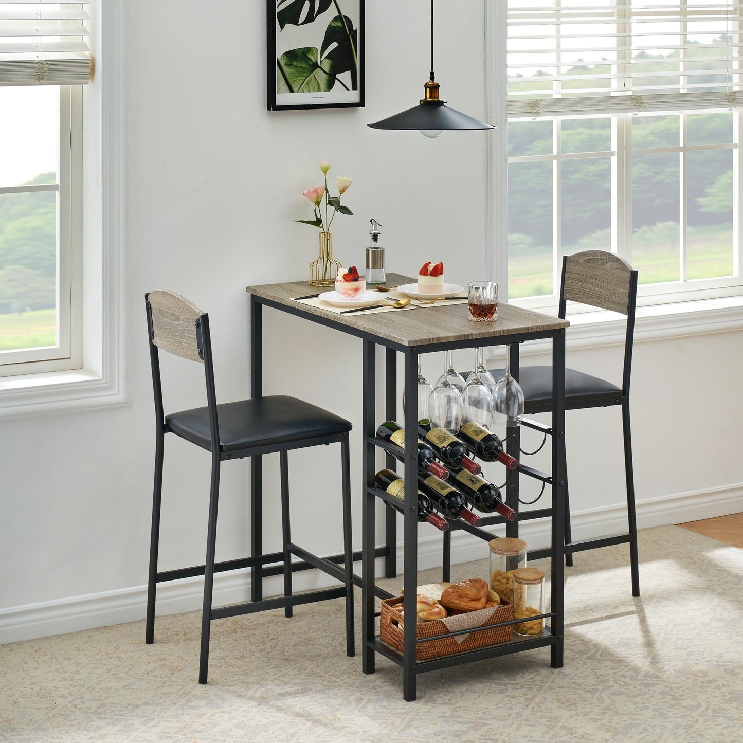 2-in-1 Counter Height Bar Table Set with Storage Shelf & Wine Rack - Space-Saving 3pcs Modern Dining Table with Cup Holders, Foldable Design