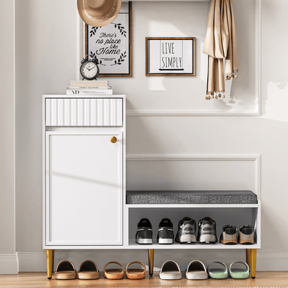Contemporary Shoe Storage Unit Featuring a Bench, a Door, a Drawer, And an Open Shelf, with a Padded Design; Color: White, Measurements: 100 × 35 × 82.2 Cm (Width × Height × Depth)