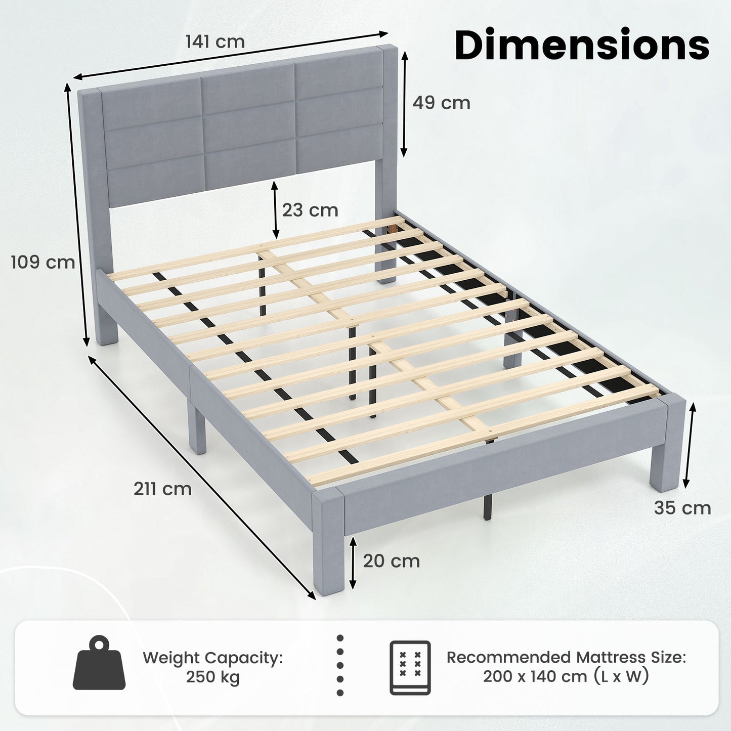 Upholstered Platform Bed – Gestoffeerd Bed – Bedframe – Boxspringbed – Slaapbed – 200x140 cm – Zacht Fluwelen Hoofdbord – Geluidsloos Met Houten Lattenbodem – Grijs