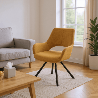 Scandinavische Stoel – Eetkamerstoel – Fauteuil – Relaxstoel – Designstoel – Gele Katoenen Bekleding – Stabiele Metalen Poten – Open Rugleuning – Set Van 2
