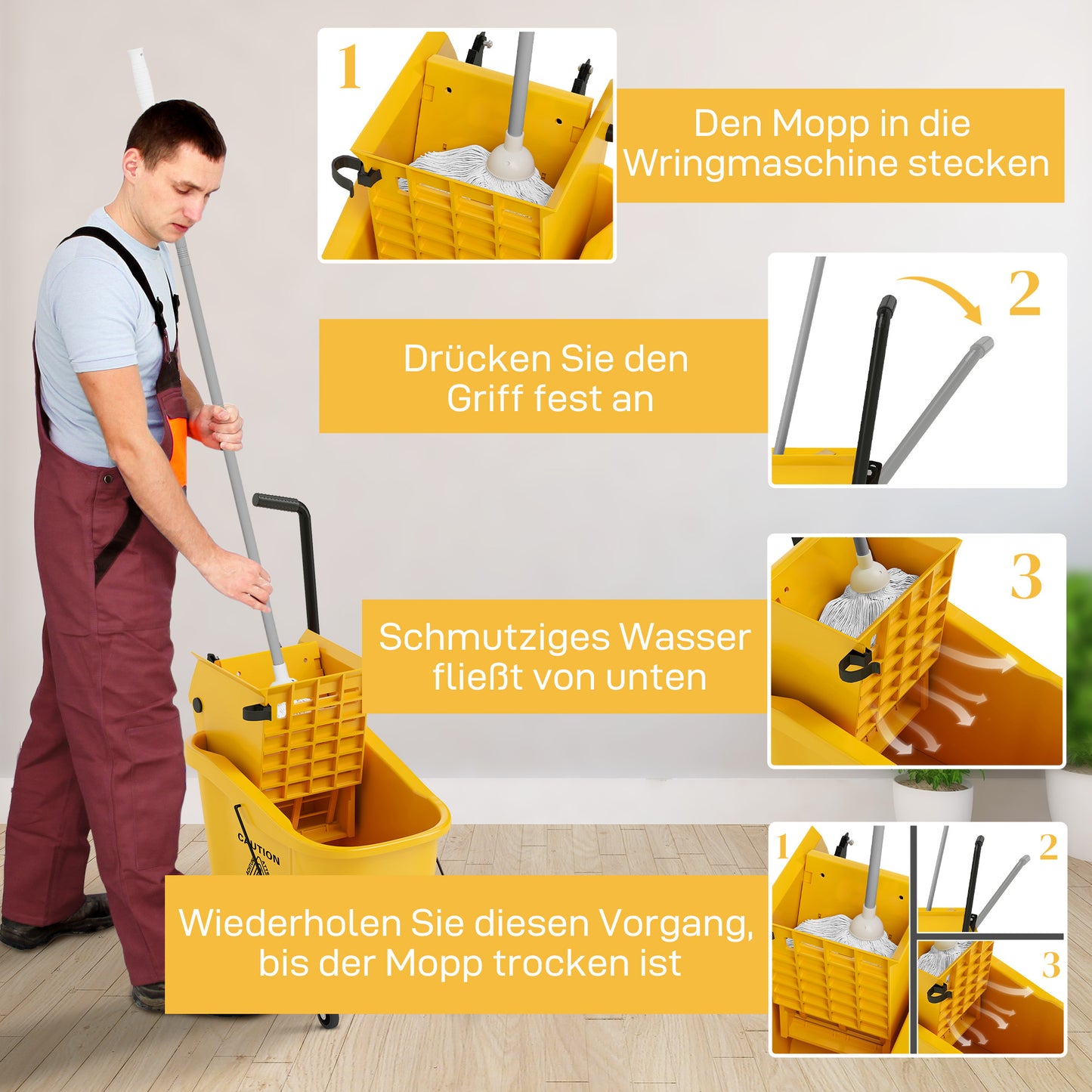 Emmer op Wielen – Mopemmer – Dweil Emmer – Schoonmaak Emmer – Emmer met Wringer – 36 Liter Inhoud – Duurzaam Kunststof Geel