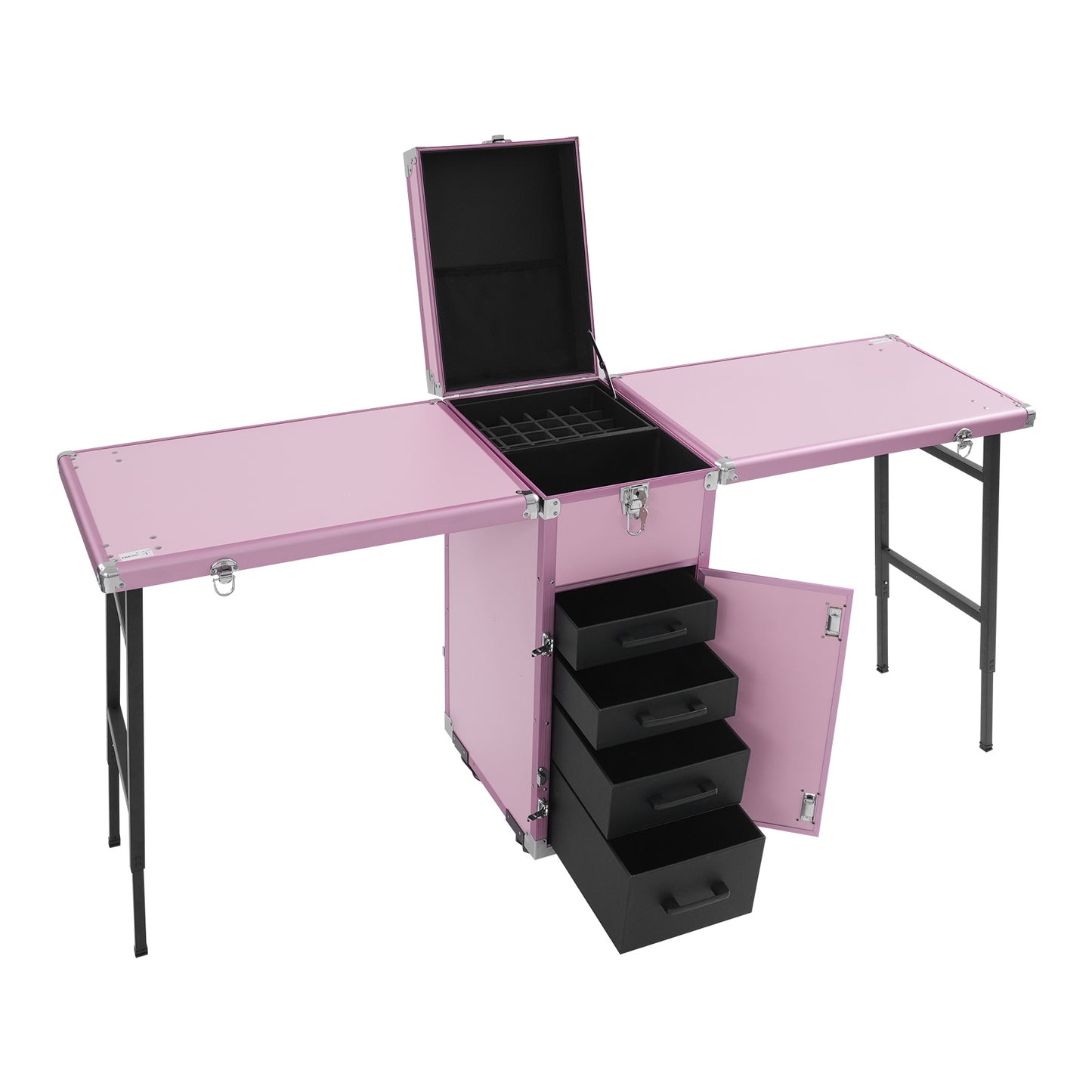 Inklapbare Nageltafel – Mobiele Manicure Tafel – Nagelstudio Werkbank – Beauty Tafel – Nageltools Organizer – Stevig Aluminium Frame – Met Wieltjes en Slot Rosa