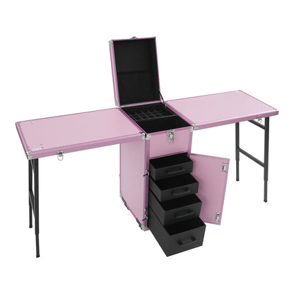 Inklapbare Nageltafel – Mobiele Manicure Tafel – Nagelstudio Werkbank – Beauty Tafel – Nageltools Organizer – Stevig Aluminium Frame – Met Wieltjes en Slot Rosa