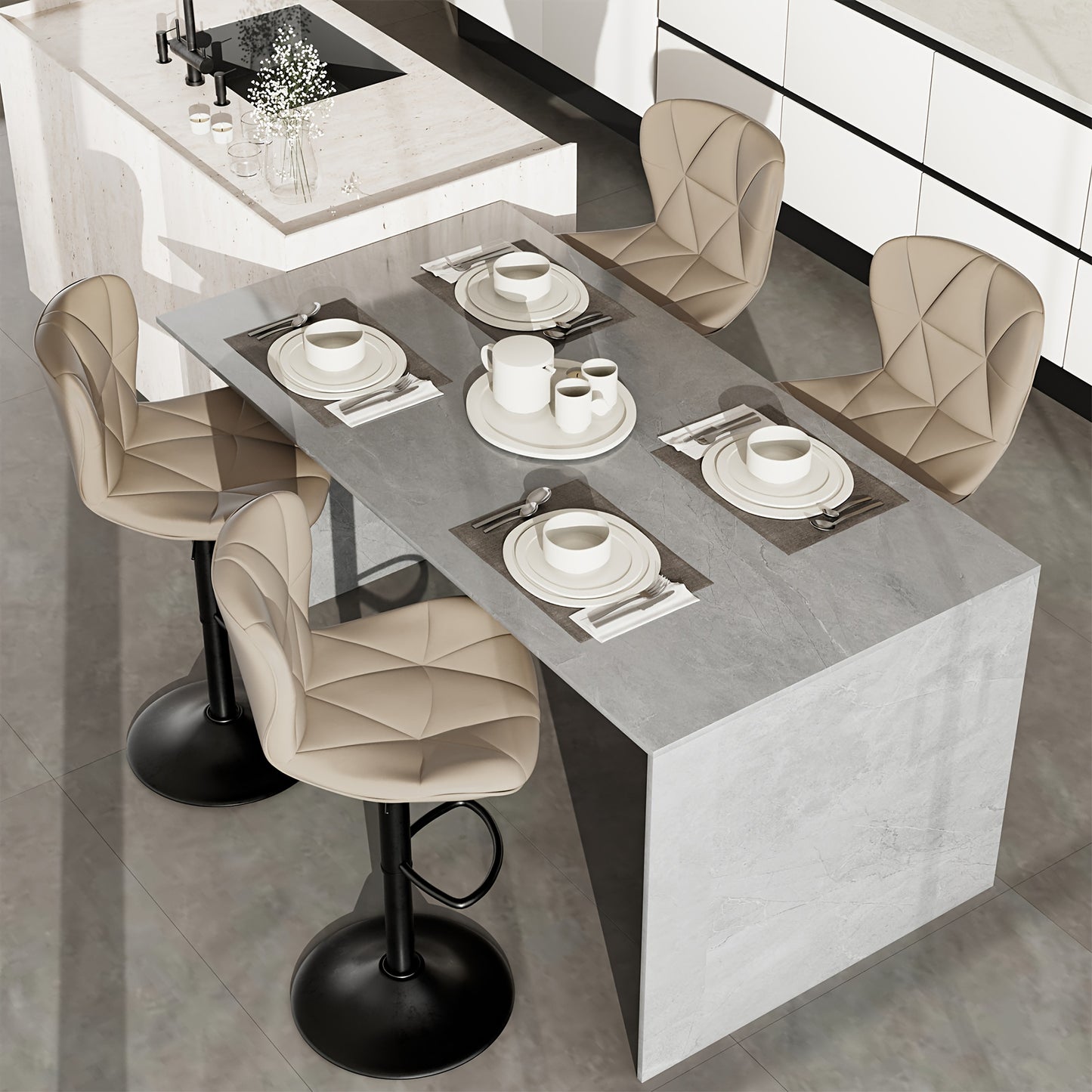 Barstoel – Barkruk – Barstoel met Rugleuning – Keukenstoel – Bistrokruk – Verstelbaar – Draaibaar – Kunstleren Bekleding – Memory Foam Zitting – Set van 2 – Licht Camel