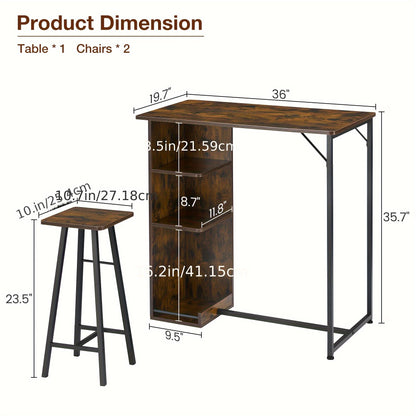 3-delige Barset – Barkrukset – Bistroset – Keukentafelset – Eettafelset – Compact Design – MDF Metalen Frame – Bruin