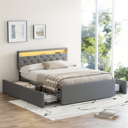 Bedbank – Slaapbank – Slaapstoel – Bankbed – Bedframe – 140x200 cm – Gestoffeerd Grijs Linnen – 4 Lades & USB LED Hoofdbord