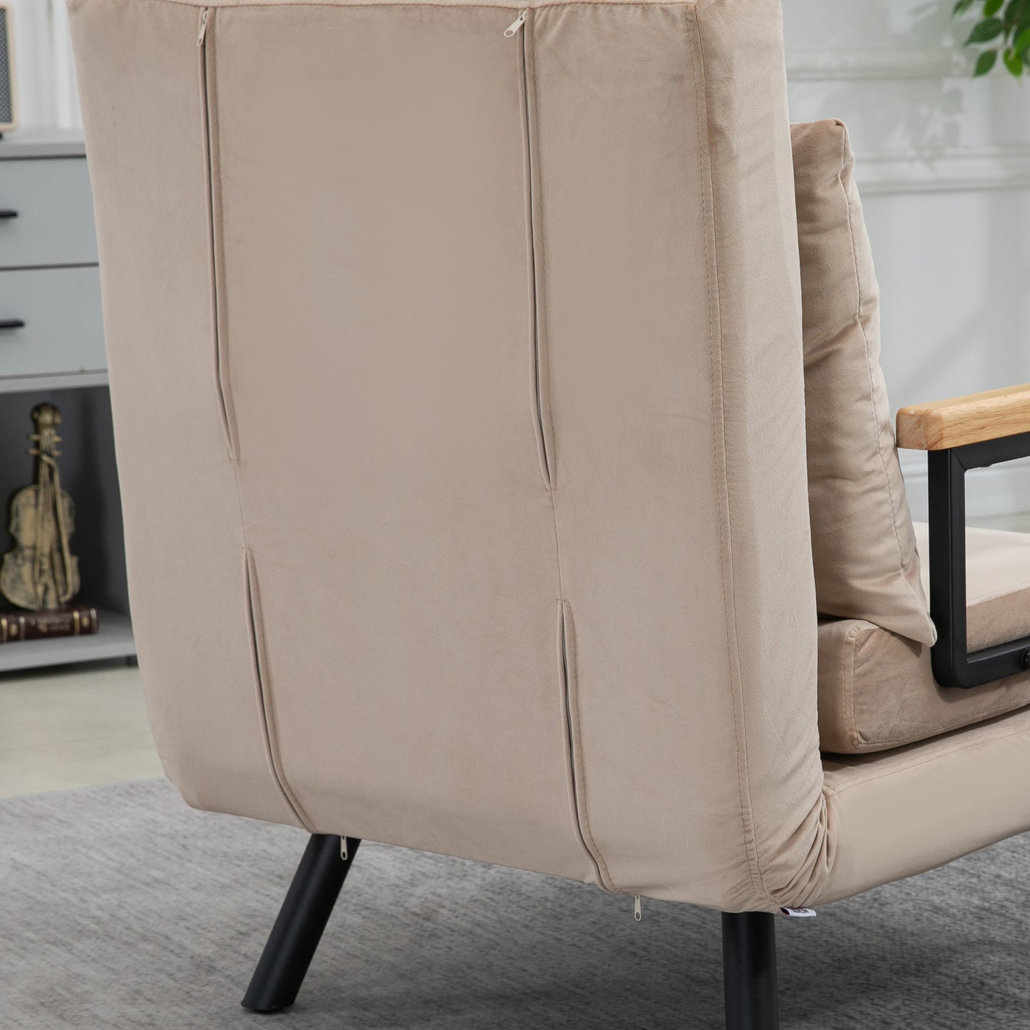 Slaapstoel – Slaapbank – Fauteuil – Vouwbed – Zetelbed – 3-in-1 Functioneel Design – Verstelbare Rugleuning & Eikenhouten Armleuningen – Beige Fluweel