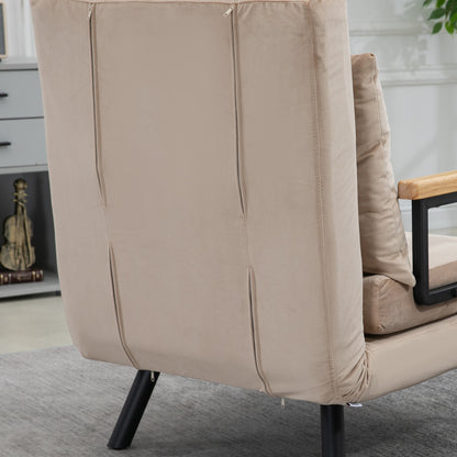 Slaapstoel – Slaapbank – Fauteuil – Vouwbed – Zetelbed – 3-in-1 Functioneel Design – Verstelbare Rugleuning & Eikenhouten Armleuningen – Beige Fluweel
