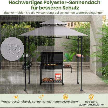 Grillpaviljoen – Barbecueoverkapping – Grill Shelter – BBQ Tent – Buitenkeuken – Dubbel Dak – Weerbestendige Polyester Kap – 242 x 153 x 250 cm – Met Zijtafels en Flessenopener – Metaalframe