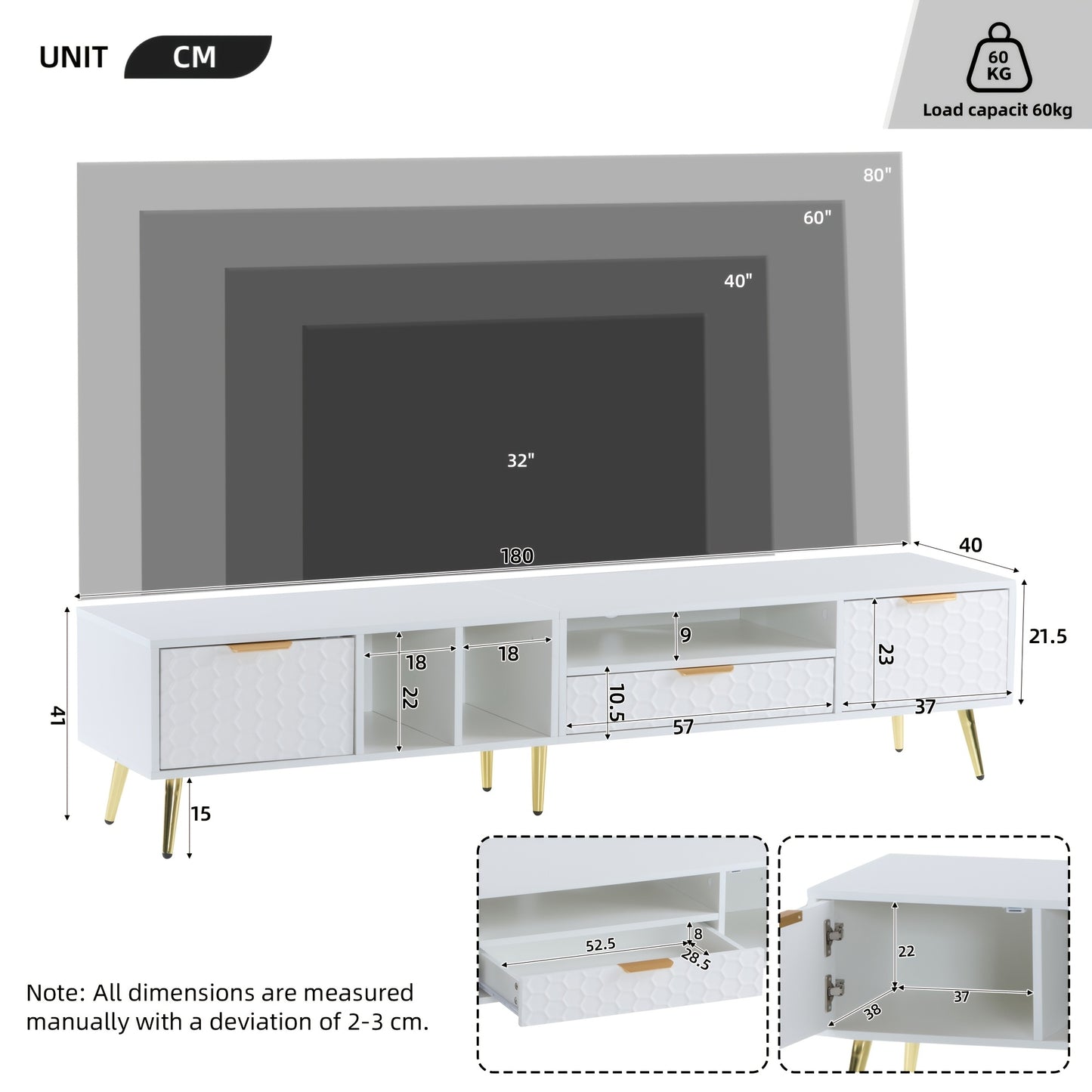 Tv-kast – TV Meubel – Media Kast – Entertainment Meubel – Luxe Verticale Kast – Geschikt voor TV’s tot 80 inch – Mat Wit Met Honeycomb Design