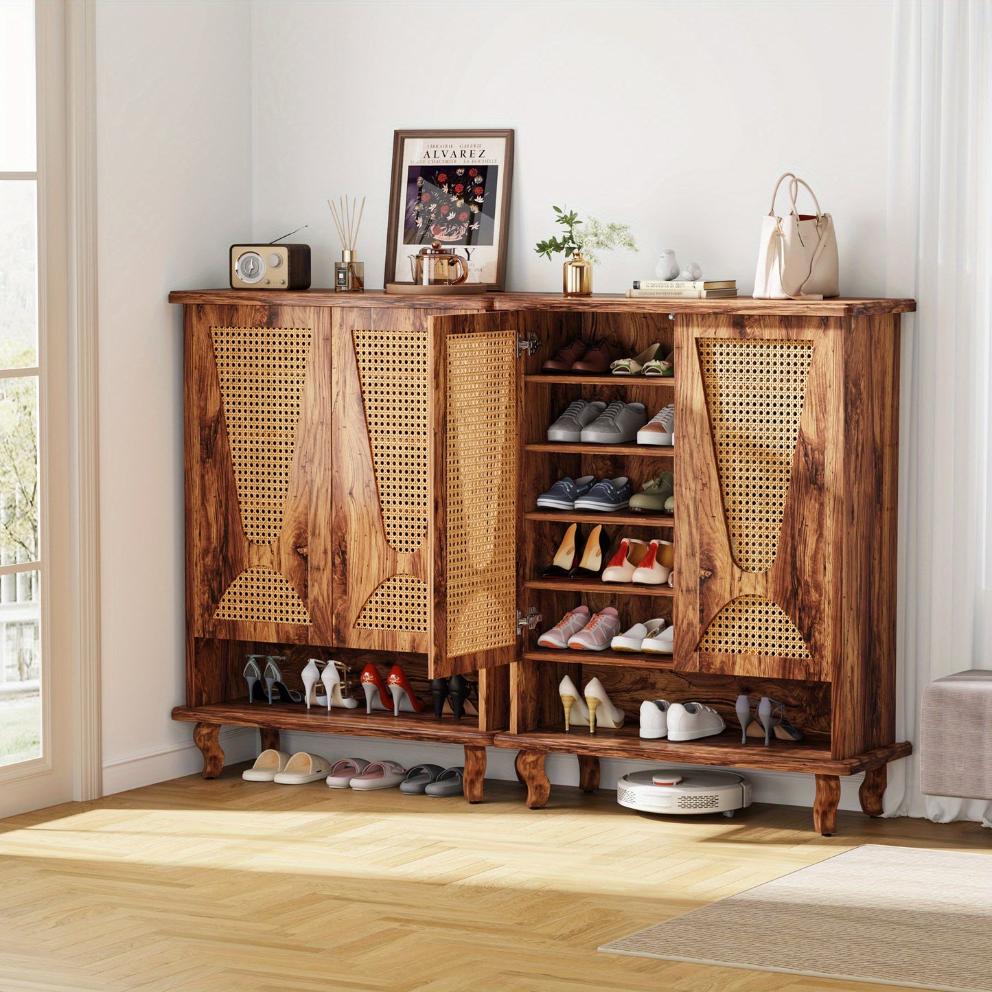 Schoenenkast – Schoenenrek – Schoenopberger – Schoenhouder – Schoenmeubel – 5-Lagen Rattan Deuren – Ruime Opbergruimte voor 25 Paar Schoenen
