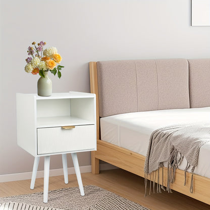 Nachtkastje – Bijzettafel – Sidetable – Bedtafel – Opbergkastje – Wit MDF Met Houten Poten – Lade En Open Vak – Compact 42x30x65 cm