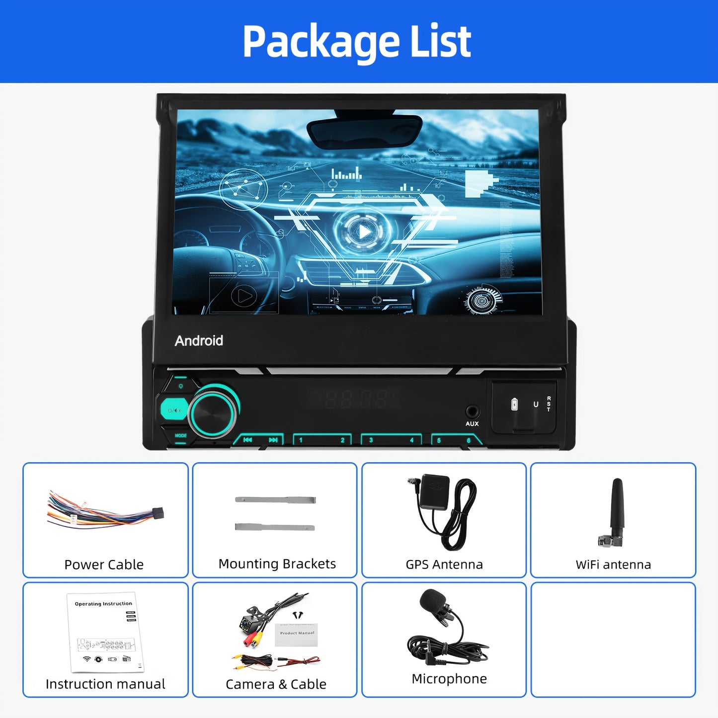 Autoradio – Car Stereo – Multimedia Speler – 1 DIN Radio – Auto Audio – Android 14 – 7 Inch Uitschuifbaar IPS Scherm – Draadloze CarPlay & Android Auto