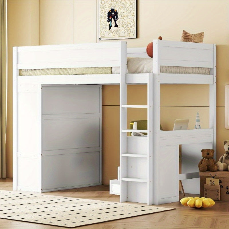 Hoogslaper – Stapelbed – Kinderbed – Eenpersoonsbed – Opbergbed – Ruimtebesparend – Met Kledingkast & Bureau – Duurzame Lichtgewicht Constructie – Modern Minimalistisch Wit Design