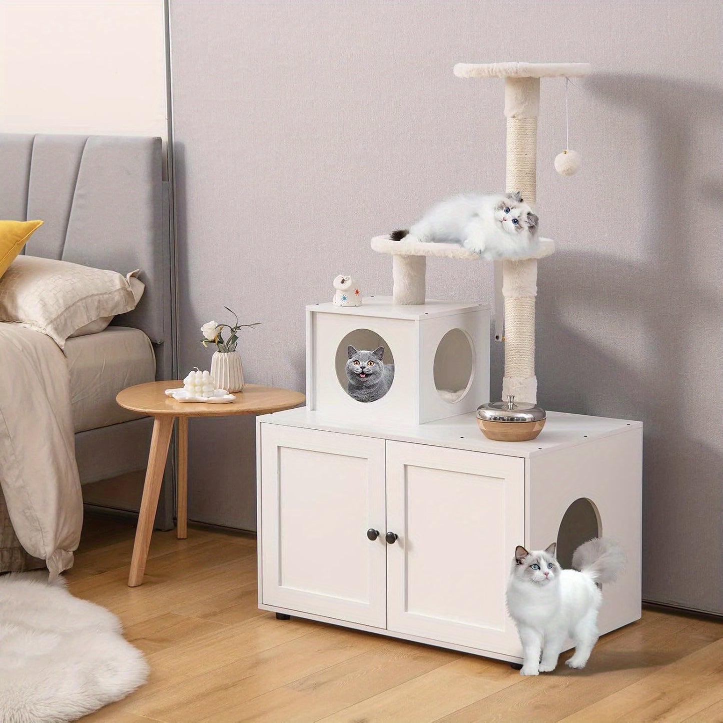 Krabpaal – Krabboom – Kattenboom – Kattenhuis – Kattenmeubel – Incl. Speelbal – 132 cm Hoog – Wit Houten Design