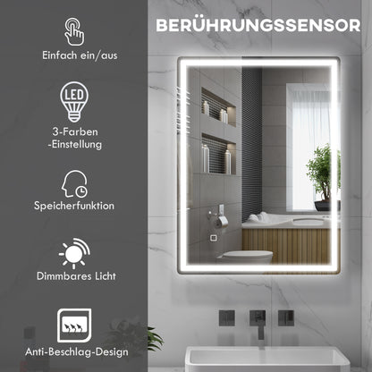 LED Badkamerspiegel – Spiegel, Wandspiegel, Make-up Spiegel, Badkamermeubel Spiegel – Variant Wit – Touchschakelaar – Anti-Dampfunctie – 60 x 80 x 4 cm
