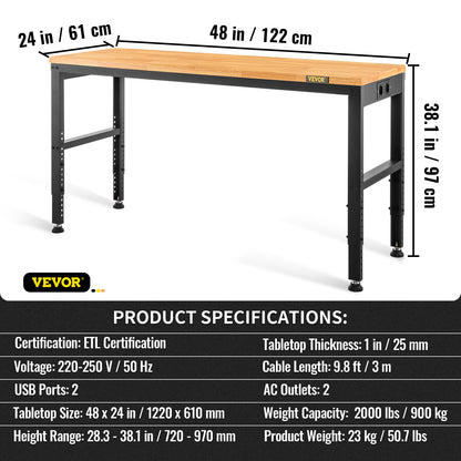 Verstelbare Werkbank – Werktafel – Werkbanktafel – Werkplek – Klusbank – 122x61 cm Werkblad – Ingebouwde Stroomvoorziening