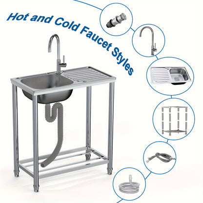 Roestvrijstalen Spoelbak Buiten – Tuinspoelbak – Mobiele Spoelbak – Buitenkraan – Enkele Bak – 75x40x80 cm – 304 RVS Materiaal – Mengkraan Warm/Koud