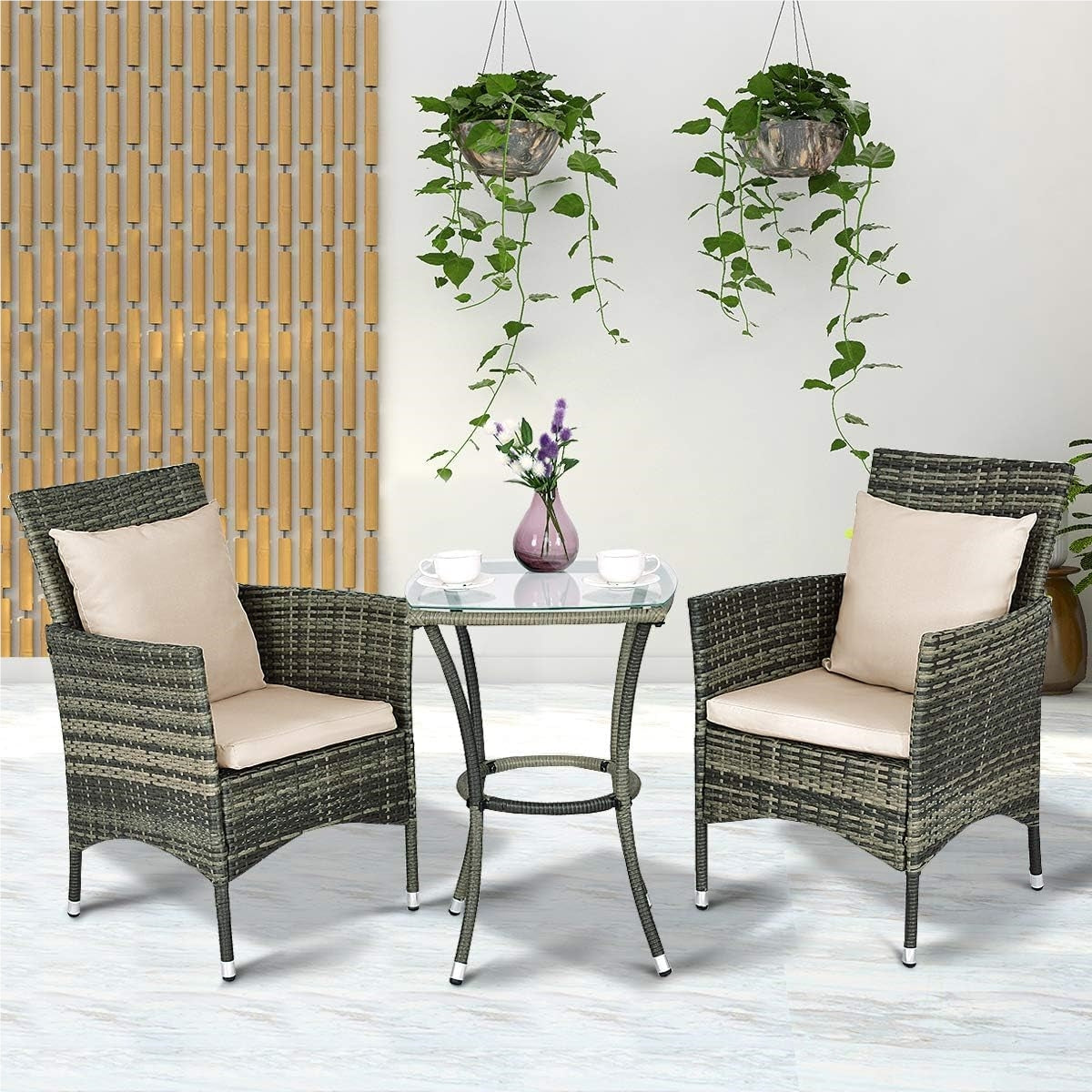 Tuinmeubelset – Tuinset – Loungeset – Balkonset – Zitgroep – Poly Rattan – Inclusief Kussens – Glasplaat Tafel – Grijs – Compact Design