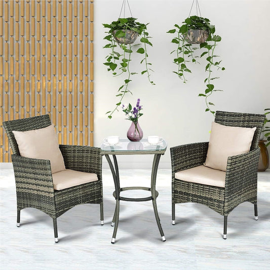 Tuinmeubelset – Tuinset – Loungeset – Balkonset – Zitgroep – Poly Rattan – Inclusief Kussens – Glasplaat Tafel – Grijs – Compact Design