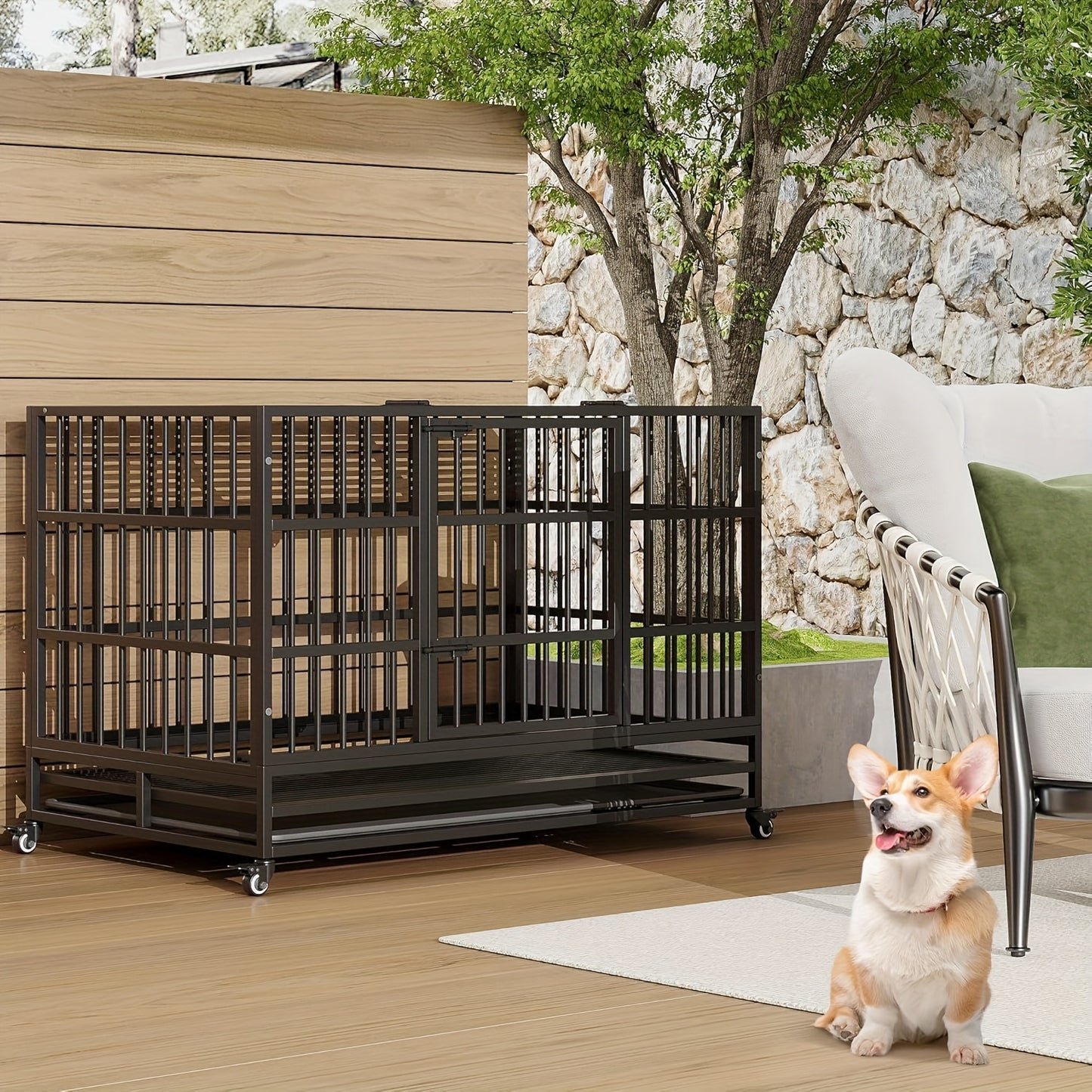 Hondenbench – Hondenkooi – Bench – Huisdierkooi – Transportkooi – Dubbele Deuren – Roestvrij Staal – 94x58x73 cm – Opvouwbaar – 360° Wieltjes – Uitneembare Lade