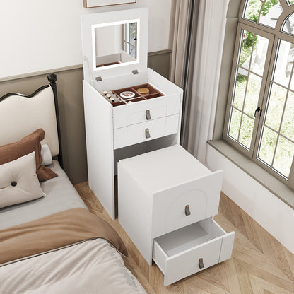 Opbergkruk – Opbergstoel – Nachtkastje – Kaptafel – Zitkruk – Wit – Bamboe – Ingebouwde Spiegel – Compact Design