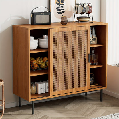 Rustic Modern Sideboard with 2 Sliding Doors, Adjustable Shelves & Drawer Storage - Freestanding Floor Cabinet for Living Room & Dining Room, 100x90x37cm