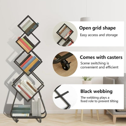 5-Laagse Metalen Boekenkast – Boekenkast – Boekenplank – Boekrek – Opbergrek – Zwart – Stevige Metalen Constructie – Wieltjes Met Rem
