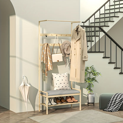 Bamboo Coat Rack with Shoe Bench - Freestanding Entryway Storage Cabinet with Shoe Storage, Hanging Rail & Shelves, Cushioned Seat, Space-Saving Vertical Design for Hallway, Living Room, Bedroom - Natural Bamboo Finish, Sturd