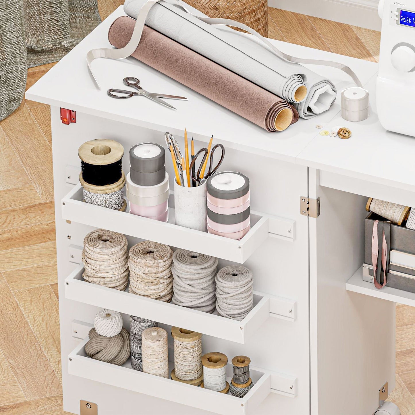 Naaitafel – Naaikast – Werktafel – Hobbytafel – Creatieve Tafel – Inklapbaar Werkblad – Stevig Houten Frame – Opbergruimte Met Wieltjes – Wit – 118x40x79,5 cm