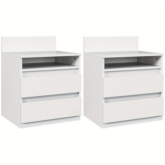 Nachtkastje – Nachtkastjes – Bijzettafel – Ladekastje – Opbergkast – Set van 2 – Wit MDF – 2 Lades met Open Vak – Compact & Duurzaam
