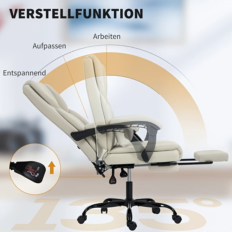 Beige Ergonomic Office Chair with Wheels, Serving As A Rolling Desk Chair And Gaming Chair with Footrest, Armrests, Adjustable Headrest, Lumbar Support And Height Adjustment, Filled with Memory Foam And Featuring Swivel Funct